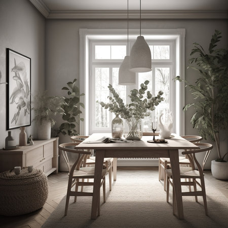 Cozy Modern Dining Room Neutral Beige Scandinavian Interior. Contemporary Realistic Living Room. Ai generatedの素材