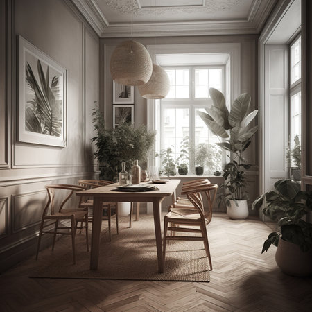 Cozy Modern Dining Room Neutral Beige Scandinavian Interior. Contemporary Realistic Living Room. Ai generatedの素材