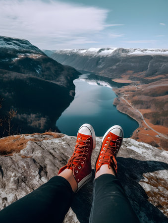 Travellers Feet in Crossing Boots over fjords and Lake. Generative Aiの素材