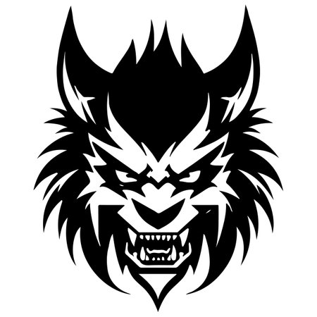 Black Minimalist Devil Wolf Head Tattoo or Logo Design. Vector Demon Mascott Illustration.のイラスト素材