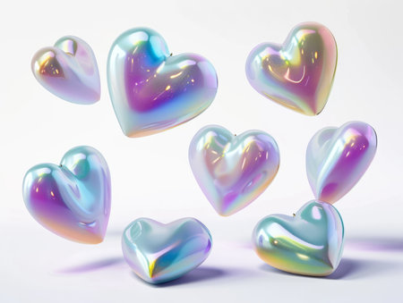 3D Realistic Shiny Shimmering Hearts Background. Valentines Day Hearts Wallpaper. Glossy Hearts Backdrop with Space for Text.の素材
