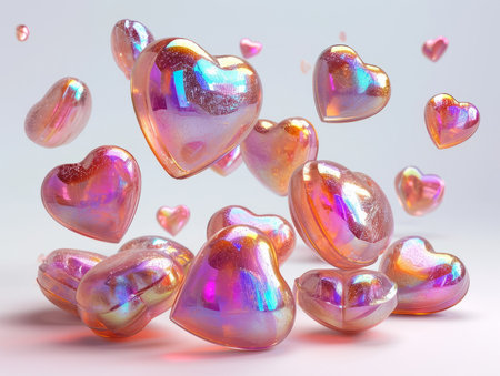 3D Realistic Shiny Shimmering Hearts Background. Valentines Day Hearts Wallpaper. Glossy Hearts Backdrop with Space for Text.の素材