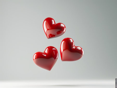 3D Realistic Shiny Shimmering Hearts Background. Valentines Day Hearts Wallpaper. Glossy Hearts Backdrop with Space for Text.の素材