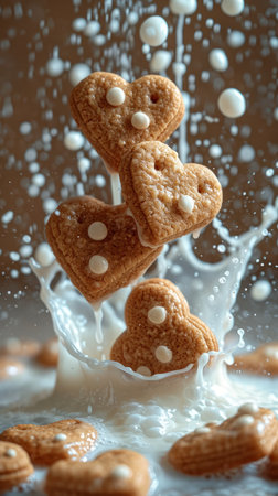 Food composition with heart shape cookies and floating milk. Sweet food background. Aiの素材