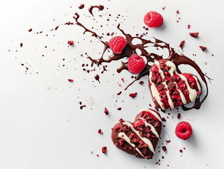 Tasty Yummy Homemade Sweet Cookies. Chocolate and Raspberry Heart Shape Pastry Dessert. Food Photo Background. Valentines Day Composition.の素材