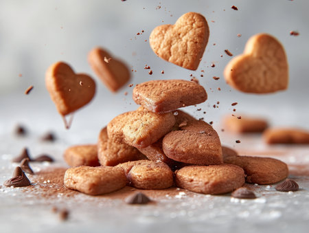 Tasty Yummy Homemade Sweet Cookies. Chocolate and Raspberry Heart Shape Pastry Dessert. Food Photo Background. Valentines Day Composition.の素材