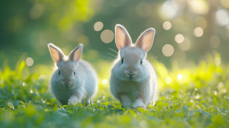 Beautiful Furry Easter Rabbit Bunny on Sunny Meadow. Bokeh Lights, Spring Garden, Traditional Easter Scene.の素材