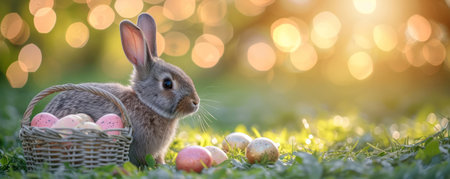 Beautiful Furry Easter Rabbit Bunny on Sunny Meadow. Bokeh Lights, Spring Garden, Traditional Easter Scene.の素材