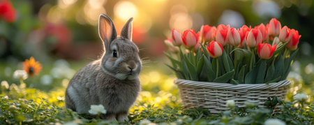 Beautiful Furry Easter Rabbit Bunny on Sunny Meadow. Bokeh Lights, Spring Garden, Traditional Easter Scene.の素材