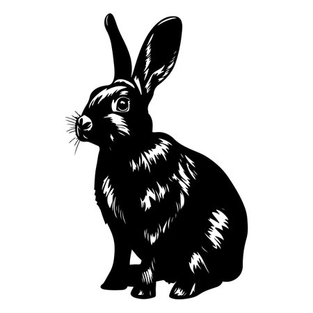 Sketch Realistic Rabbit Silhouette Illustration. Furry Easter Bunny Black Ink Silhouette on White Background.のイラスト素材