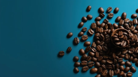Coffee Beans on Blue Background. Copy Space. Ai Generatedの素材