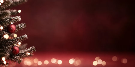 Red blurred glittering Christmas and New Year Background with large copy space. Holiday classic banner with bokeh lightsの素材