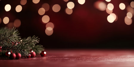 Red blurred glittering Christmas and New Year Background with large copy space. Holiday classic banner with bokeh lightsの素材