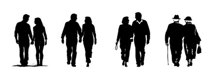 A loving couple is holding hands and walking together. Relationtips and loyality concept. Silhouette cut-out illustrationのイラスト素材