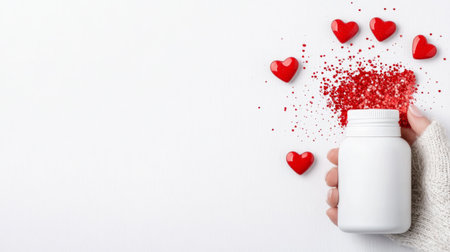 White Cosmetic Jar with Red Glitter and Hearts on Neutral Backgroundの素材