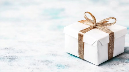 Elegant White Gift Box with Gold Ribbon on Soft Blue Backgroundの素材
