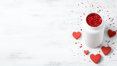 White Cosmetic Jar with Red Glitter and Hearts on Neutral Backgroundの素材