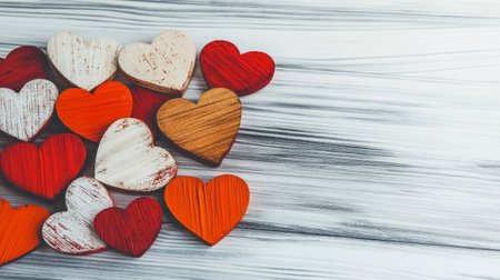 Wooden Heart Figurines on Neutral Background with Copy Space. Valentines Day Backgroundの素材