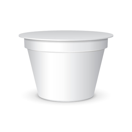 White Short And Stout Tub Food Plastic Container For Dessert, Yogurt, Ice Cream, Sour Sream Or Snack. Ready For Your Design. Product Packing Vector EPS10のイラスト素材