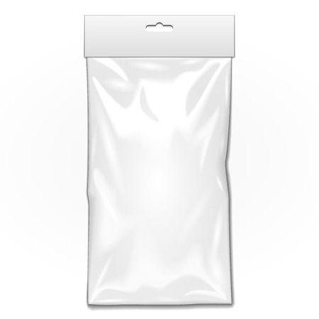 White Long Blank Plastic Pocket Bag. Transparent. With Hang Slot. Illustration Isolated On White Background. Mock Up Template Ready For Your Design. Vectorのイラスト素材