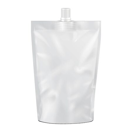 White Blank Doy-pack, Doypack Foil Food Or Drink Bag Packaging With Spout Lid. Illustration Isolated On White Background. Mock Up Template Ready For Your Design. Product Packing Vectorのイラスト素材