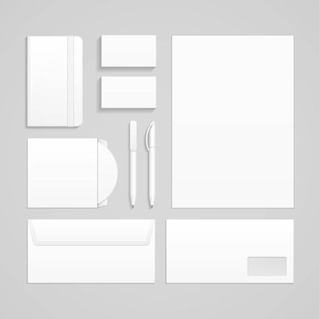 Set Of Corporate Identity And Branding Stationery Templates. Business card, Pen, CD, DVD, Envelope, Notebook. Illustration Isolated On Gray Background. Mock Up Template For Your Design. Vectorのイラスト素材