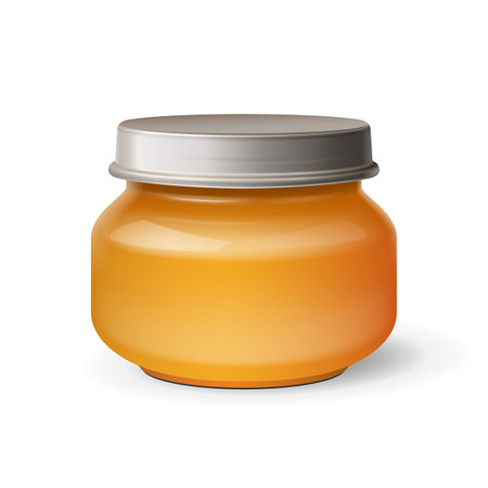 Mockup Glass Jar Of Honey, Jam, Jelly Yellow . Organic Baby Food Puree. Illustration Isolated On White Background. Mock Up Template Ready For Your Design.のイラスト素材