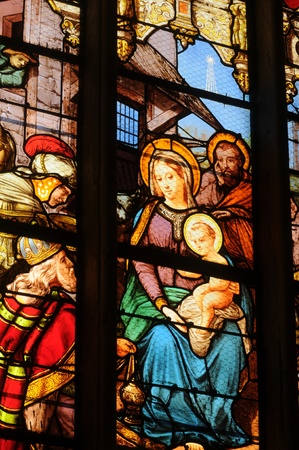 France, stained glass window in the church Saint Martin of Trielのeditorial素材