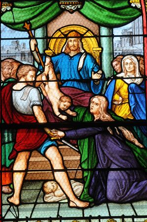 France, stained glass window in the church of Les Mureauxのeditorial素材