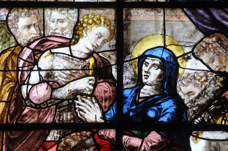 France, stained glass window in the church Saint Martin of Trielのeditorial素材