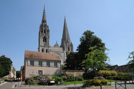 France, old houses and the cathedral of Chartresのeditorial素材