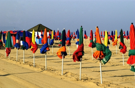 France, parasol on Deauville beach in Normandieのeditorial素材