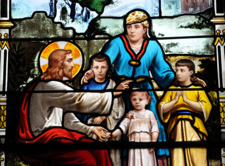 France, stained glass window in the church of Houlgate in Normandyのeditorial素材