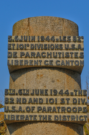 France, war memorial in Sainte mere Eglise in Normandieのeditorial素材