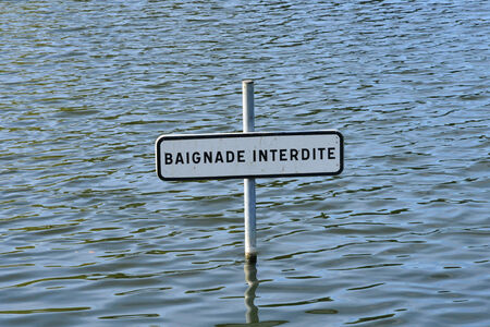 Ile de France, no swim sign in Rambouillet castle gardenの写真素材