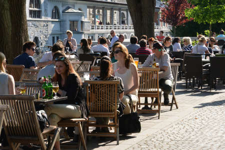 Slovenia, bar in the picturesque and historical city of Ljubljanaのeditorial素材