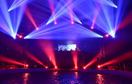 Les Mureaux, France - march 5 2016 : the 15 th Les Mureaux circus festival, lighting of circus tentのeditorial素材