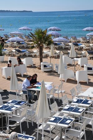 Cannes, France - april 15 2016 : hotel private beach on the Croisetteのeditorial素材