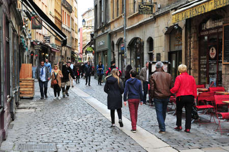 Lyon, France - april 13 2016: the picturesque saint Jean district in the old historical Lyonのeditorial素材