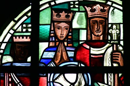 Poissy, France - august 6 2016 : stained glass window of the historical collegiate church where the king Saint Louis was baptisedのeditorial素材