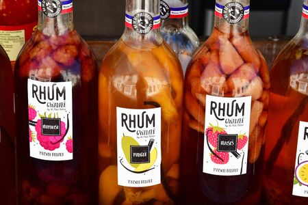 Les Portes en Re, France - september 26 2016 : close up of rum bottles in a shopのeditorial素材