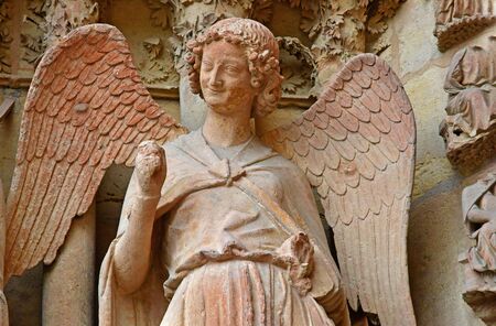 Reims, France - july 25 2016 : the smiling angel of the Notre Dame cathedral where the kings of France were crownedのeditorial素材