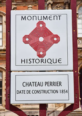 Epernay, France - july 26 2016 : listed building sign of the Perrier castle in the Avenue de Champagneのeditorial素材