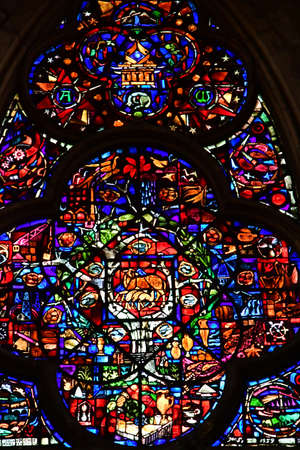 Reims, France - july 25 2016 : stained glass window of the Notre Dame cathedral where the kings of France were crownedのeditorial素材