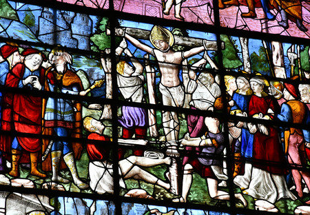 Duclair, France - june 22 2016 : stained glass window of the Saint Denis churchのeditorial素材