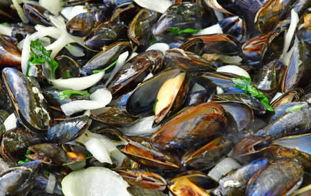 close up of marinieres mussels, a French recipe with shallot and white wine