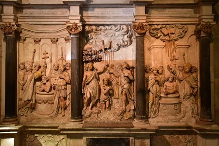 Reims, France - july 26 2016 : bas relief of Clovis baptismの写真素材