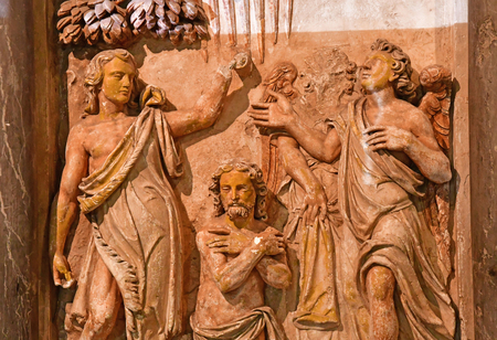 Reims, France - july 26 2016 : bas relief of Clovis baptismのeditorial素材