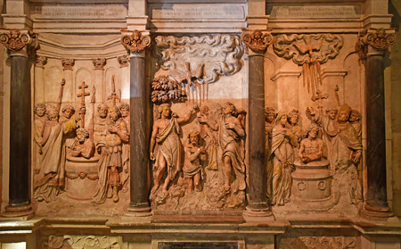 Reims, France - july 26 2016 : bas relief of Clovis baptismのeditorial素材