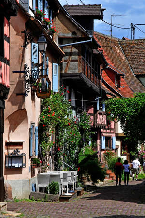 Eguisheim, France - july 23 2016 : restaurant in the historical village in summerのeditorial素材